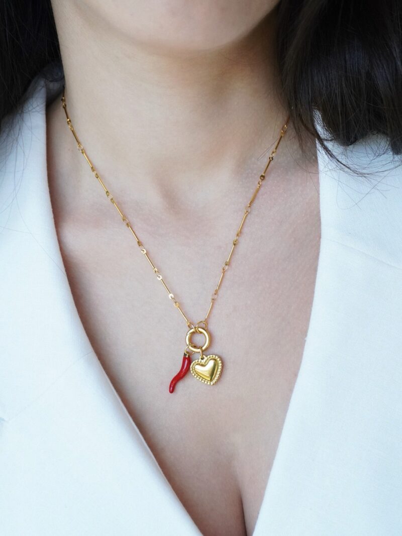 Fortuna Charms - 18 k gold plated necklace with red chili pepper and heart - Image 2